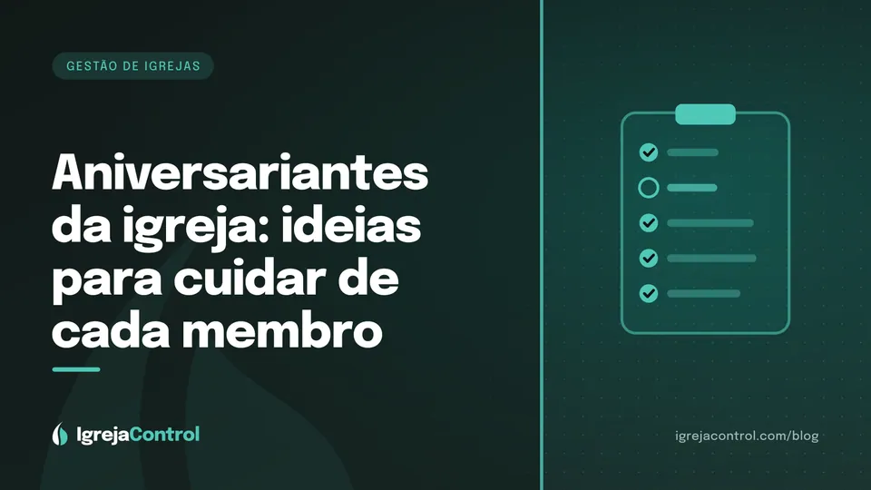 Capa do artigo sobre aniversariantes da igreja, com título e ilustração abstrata de comunidade e cuidado em verde-petróleo