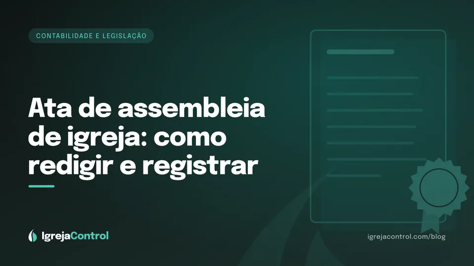 Capa do artigo sobre ata de assembleia de igreja, com título e ilustração abstrata de documentos em verde-petróleo