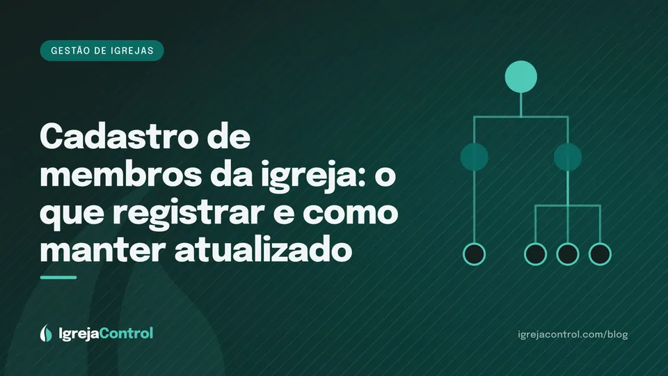 Capa do artigo sobre cadastro de membros da igreja, com título e ilustração abstrata de organização em verde-petróleo