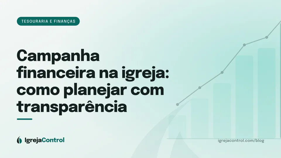 Capa do artigo sobre campanha financeira na igreja, com título e ilustração de gráficos financeiros em tons de verde-petróleo