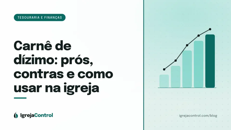 Capa do artigo sobre carnê de dízimo, com título e ilustração abstrata de contribuições e registros em verde-petróleo