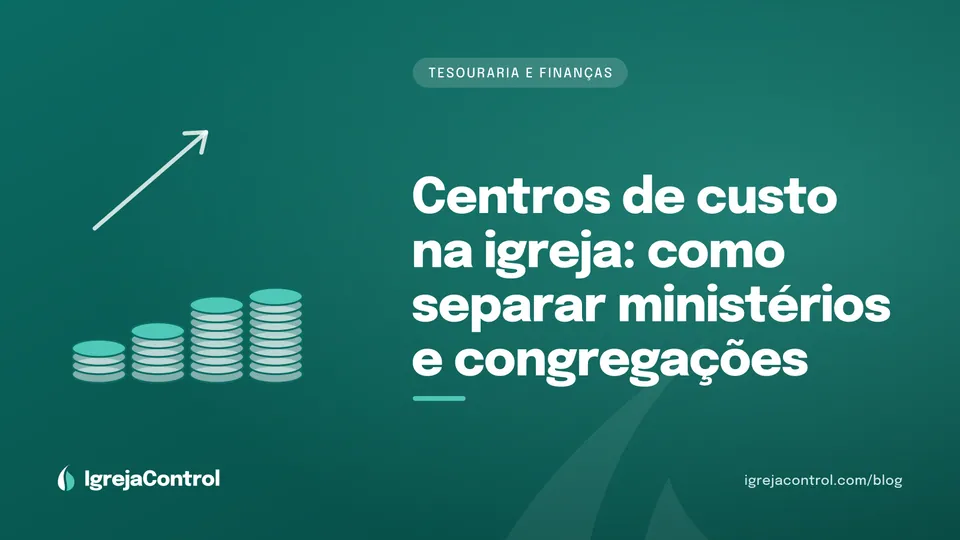 Capa do artigo sobre centros de custo na igreja, com título e ilustração de gráficos financeiros em tons de verde-petróleo