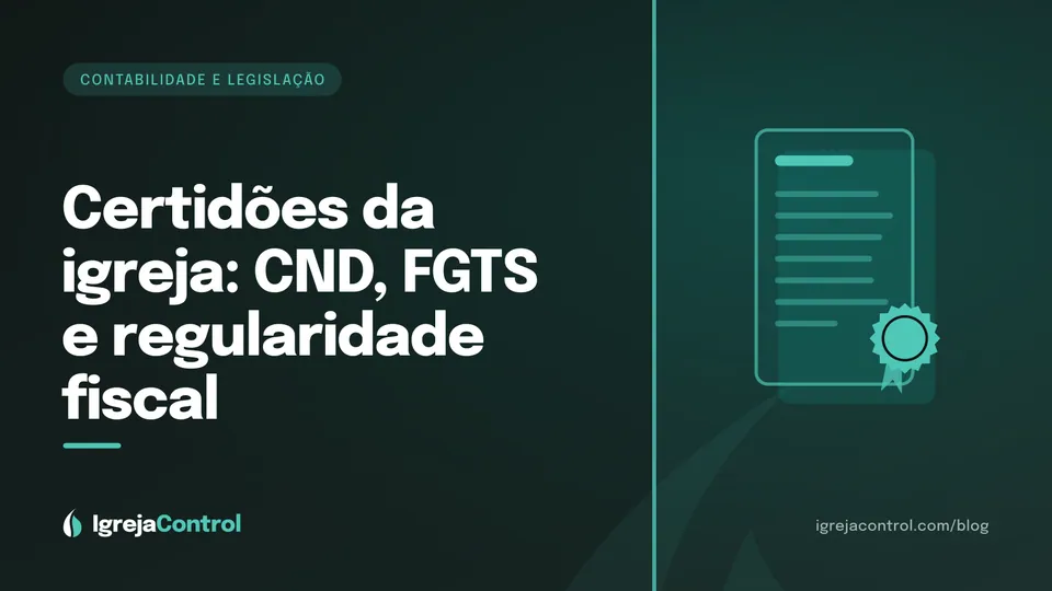 Capa do artigo sobre certidões negativas da igreja, com título e ilustração de documentos e selos em verde-petróleo