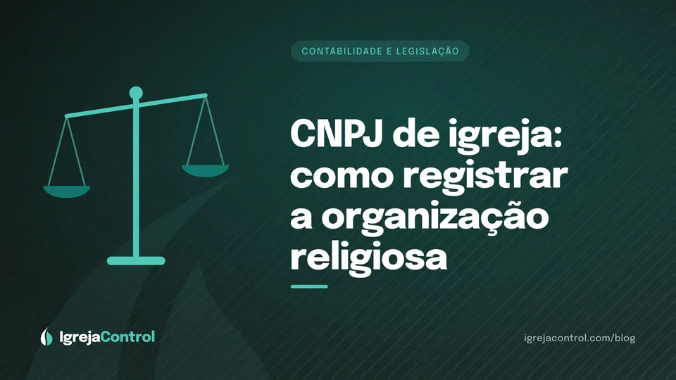 Capa do artigo sobre como abrir CNPJ de igreja, com título e ilustração de documentos e carimbo em verde-petróleo