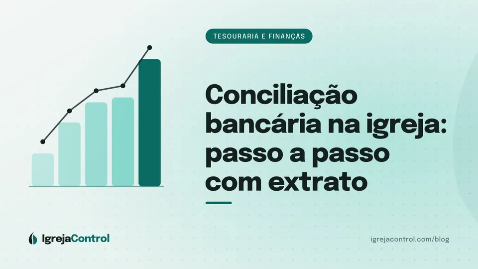 Capa do artigo sobre conciliação bancária na igreja, com título e ilustração de gráficos financeiros em verde-petróleo