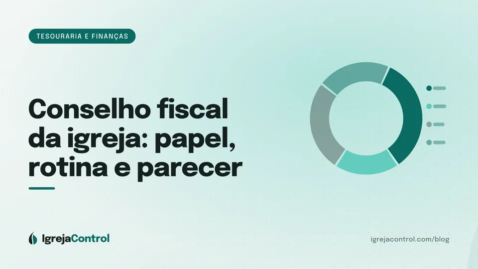 Capa do artigo sobre conselho fiscal da igreja, com título e ilustração de gráficos financeiros em verde-petróleo