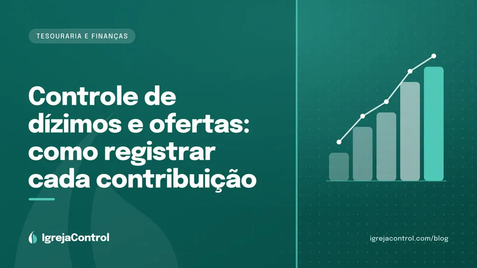 Capa do artigo sobre controle de dízimos e ofertas, com título e ilustração de registros financeiros em verde-petróleo