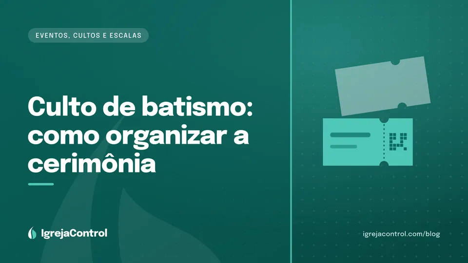Capa do artigo sobre culto de batismo, com título e ilustração de água e celebração em tons de verde-petróleo