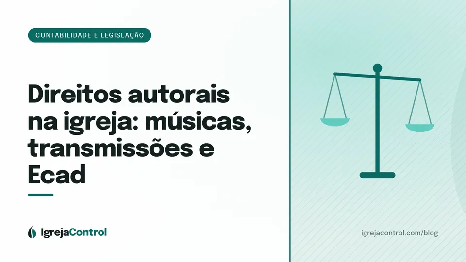 Capa do artigo sobre direitos autorais e Ecad na igreja, com título e ilustração de notas musicais em verde-petróleo