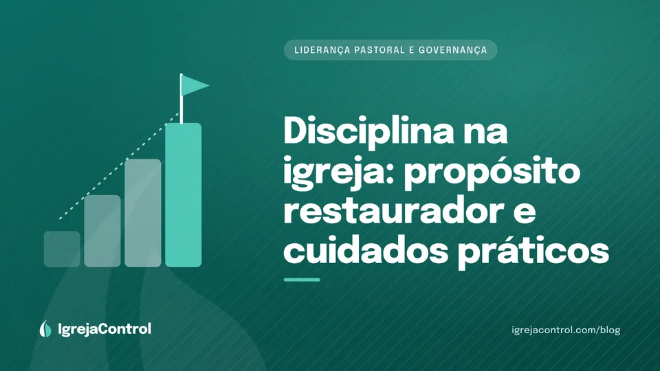 Capa do artigo sobre disciplina eclesiástica, com título e ilustração abstrata de liderança e cuidado em verde-petróleo