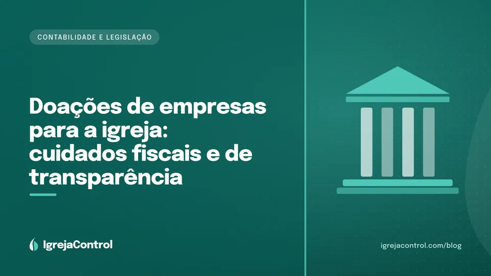 Capa do artigo sobre doações de empresas para a igreja, com título e ilustração de documentos e balança em verde-petróleo