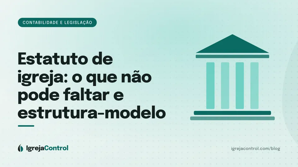 Capa do artigo sobre estatuto de igreja, com título e ilustração abstrata de documentos legais em verde-petróleo