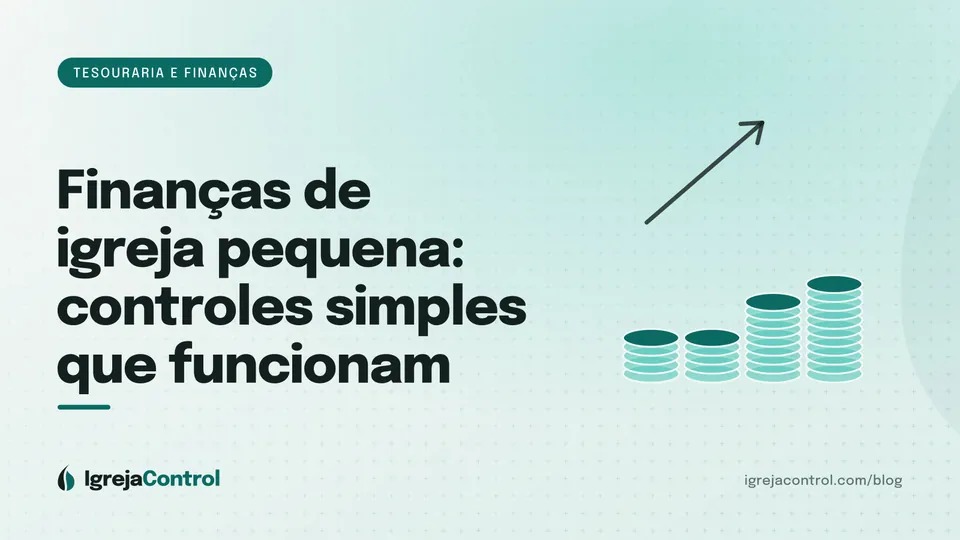 Capa do artigo sobre finanças de igreja pequena, com título e ilustração de gráficos financeiros simples em verde-petróleo