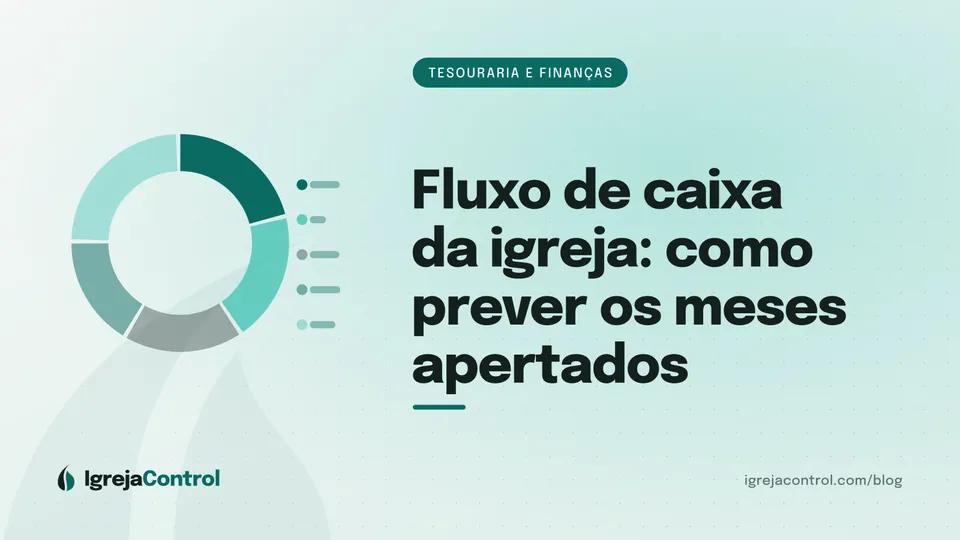 Capa do artigo sobre fluxo de caixa da igreja, com título e ilustração de gráficos financeiros em verde-petróleo