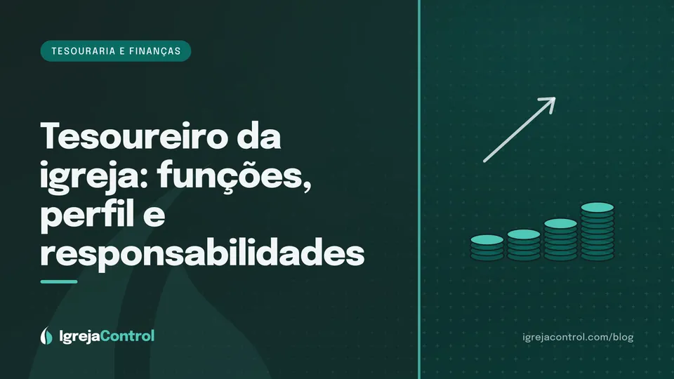 Capa do artigo sobre funções do tesoureiro da igreja, com título e ilustração de gráficos financeiros em verde-petróleo