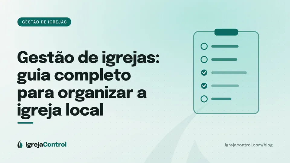 Capa do guia de gestão de igrejas: título em destaque sobre fundo verde-petróleo e ilustração geométrica de organização