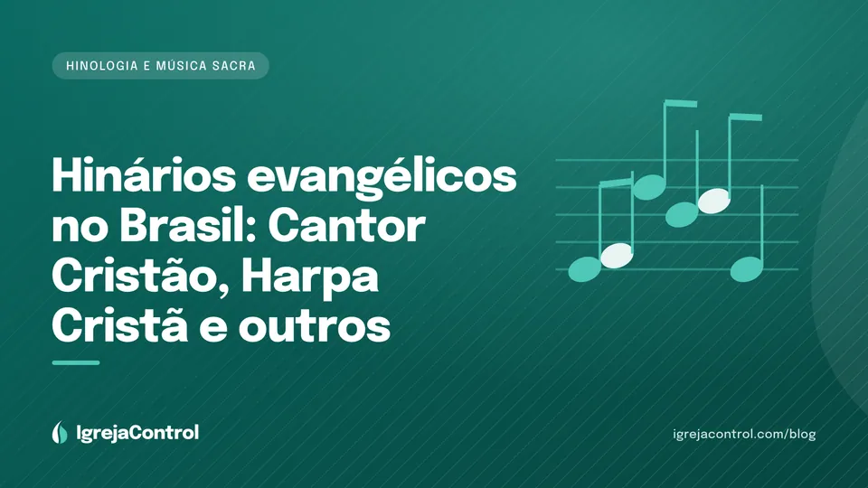 Capa do artigo sobre hinários evangélicos no Brasil, com título e ilustração abstrata musical em verde-petróleo