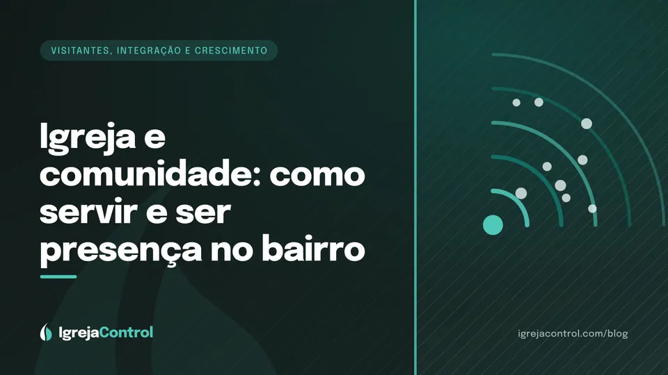 Capa do artigo sobre igreja e comunidade, com título e ilustração de casas e pessoas em rede em tons de verde-petróleo