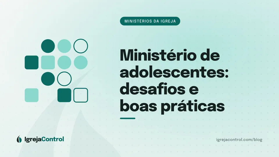 Capa do artigo sobre ministério de adolescentes, com título e ilustração abstrata de grupo e conexão em verde-petróleo