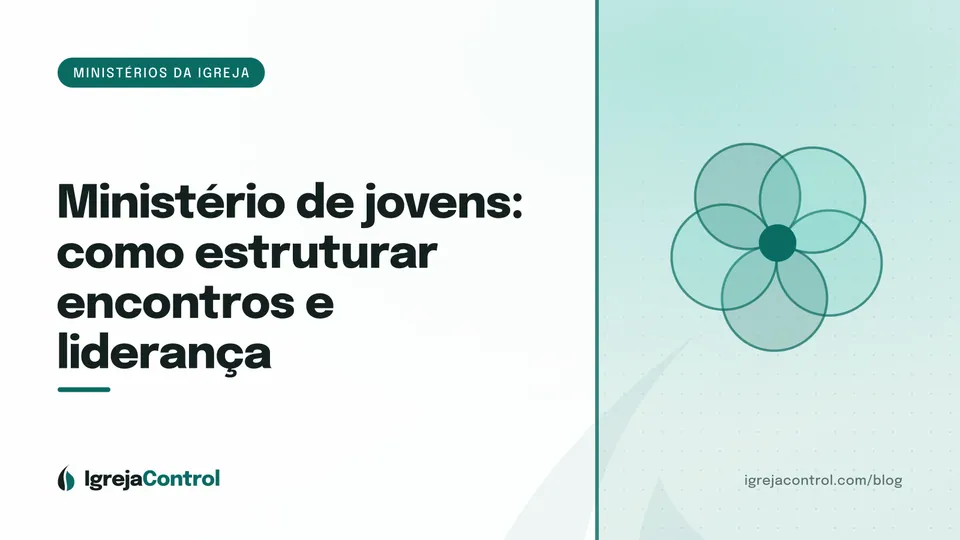 Capa do artigo sobre ministério de jovens, com título e ilustração abstrata ligada aos ministérios da igreja em verde-petróleo