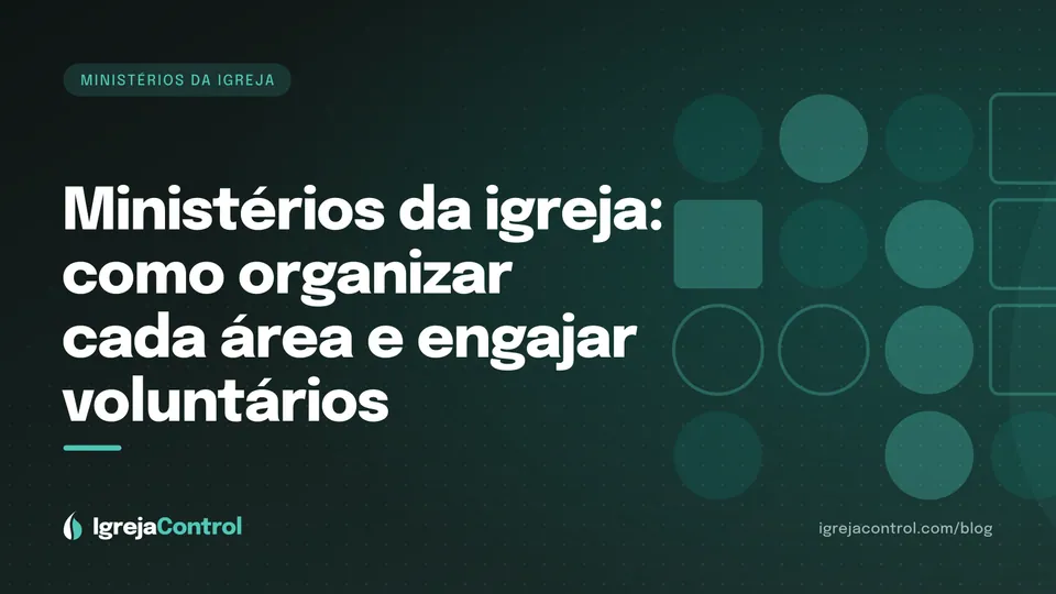 Capa do guia de ministérios da igreja, com título e ilustração de engrenagens e pessoas conectadas em verde-petróleo