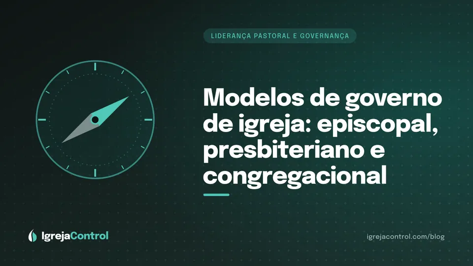 Capa do artigo sobre modelos de governo de igreja, com título e ilustração abstrata de liderança em verde-petróleo