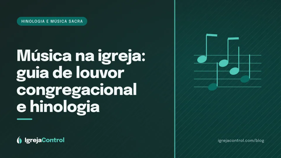 Capa do guia de música na igreja, com título e ilustração de pauta musical e ondas sonoras em verde-petróleo