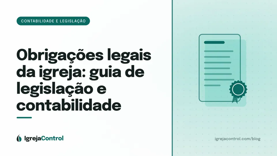 Capa do guia de obrigações legais da igreja, com título e ilustração de documentos e balança em verde-petróleo