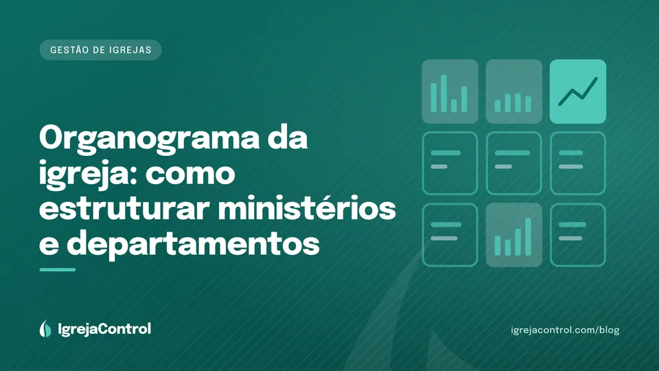 Capa do artigo sobre organograma da igreja, com título e ilustração de blocos conectados em tons de verde-petróleo