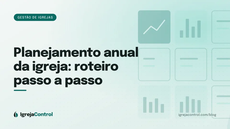 Capa do artigo sobre planejamento anual da igreja, com título e ilustração abstrata de calendário e gestão em verde-petróleo
