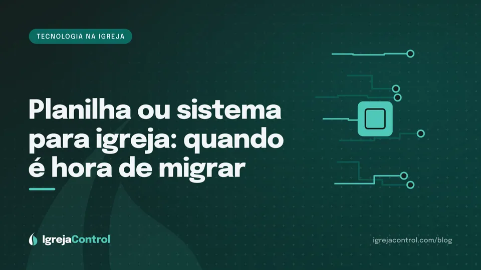 Capa do artigo sobre planilha ou sistema para igreja, com título e ilustração abstrata de tecnologia em verde-petróleo