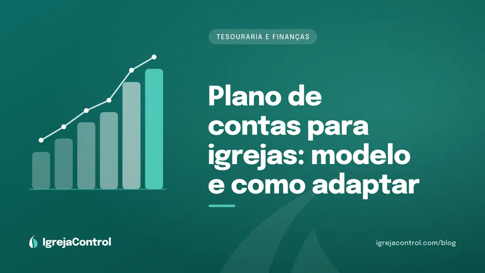 Capa do artigo sobre plano de contas para igrejas, com título e ilustração de gráficos financeiros em verde-petróleo