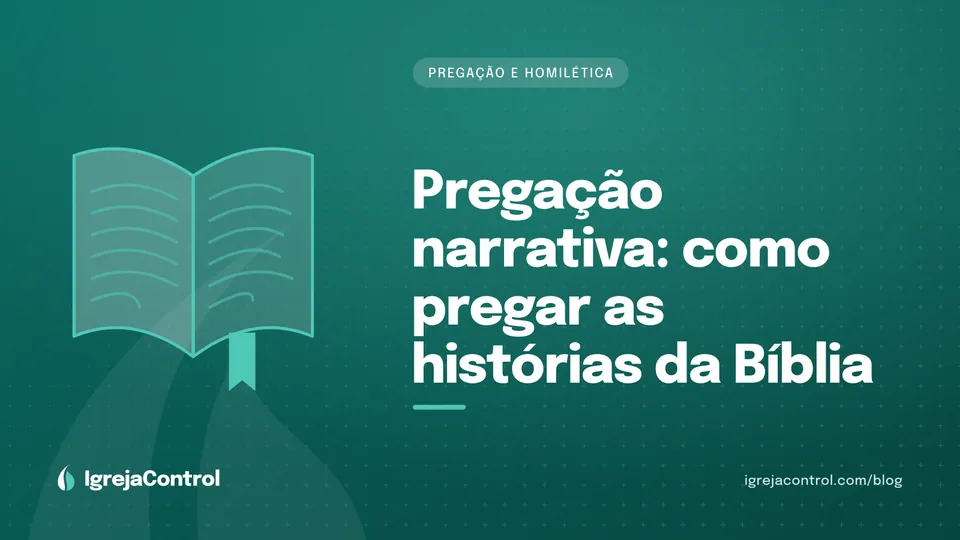 Capa do artigo sobre pregação narrativa, com título e ilustração abstrata ligada à pregação em verde-petróleo