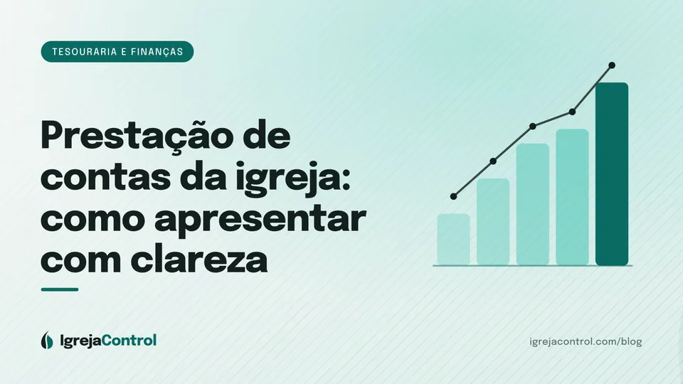 Capa do artigo sobre prestação de contas da igreja, com título e ilustração de gráficos financeiros em verde-petróleo