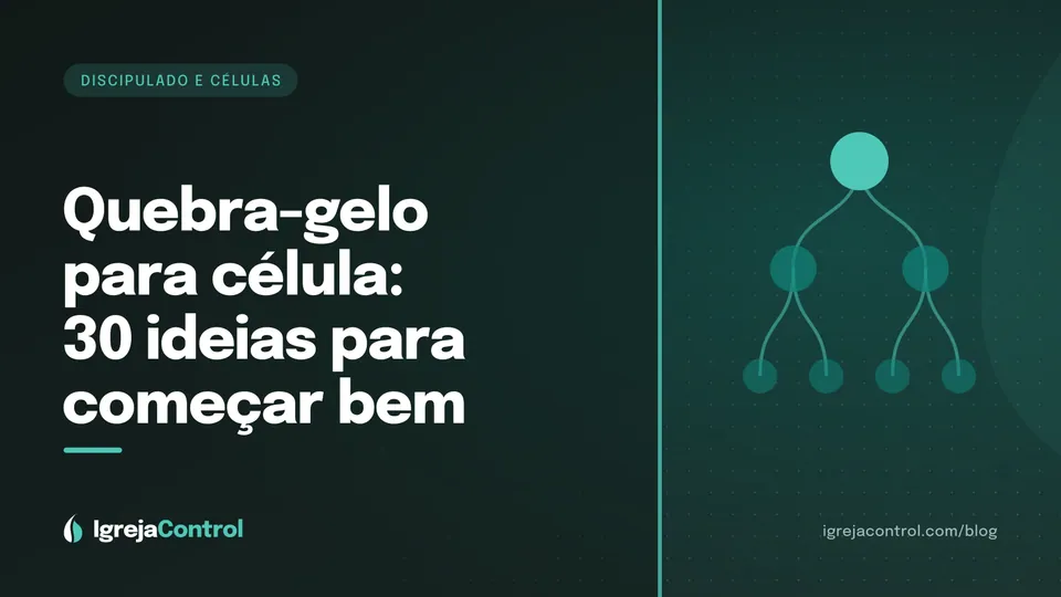 Capa do artigo sobre quebra-gelo para célula com 30 ideias, com título e ilustração abstrata de pequenos grupos em verde-petróleo