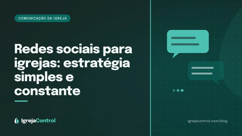 Capa do artigo sobre redes sociais para igrejas, com título e ilustração abstrata de comunicação em verde-petróleo