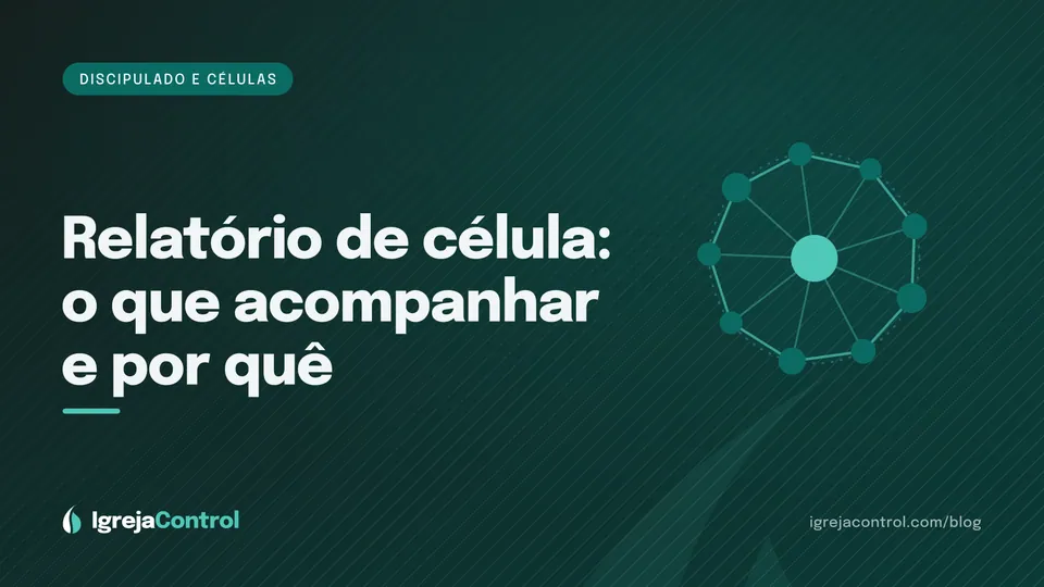 Capa do artigo sobre relatório de célula, com título e ilustração abstrata de pequenos grupos em verde-petróleo