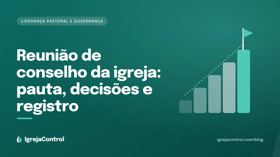 Capa do artigo sobre reunião de conselho da igreja, com título e ilustração abstrata de liderança em verde-petróleo