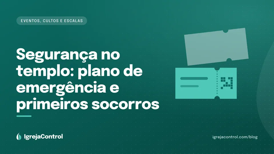 Capa do artigo sobre segurança na igreja, com título e ilustração de escudo e rota de saída em verde-petróleo