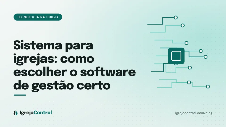 Capa do guia sobre como escolher um sistema para igrejas, com título e ilustração de telas e módulos conectados em verde-petróleo