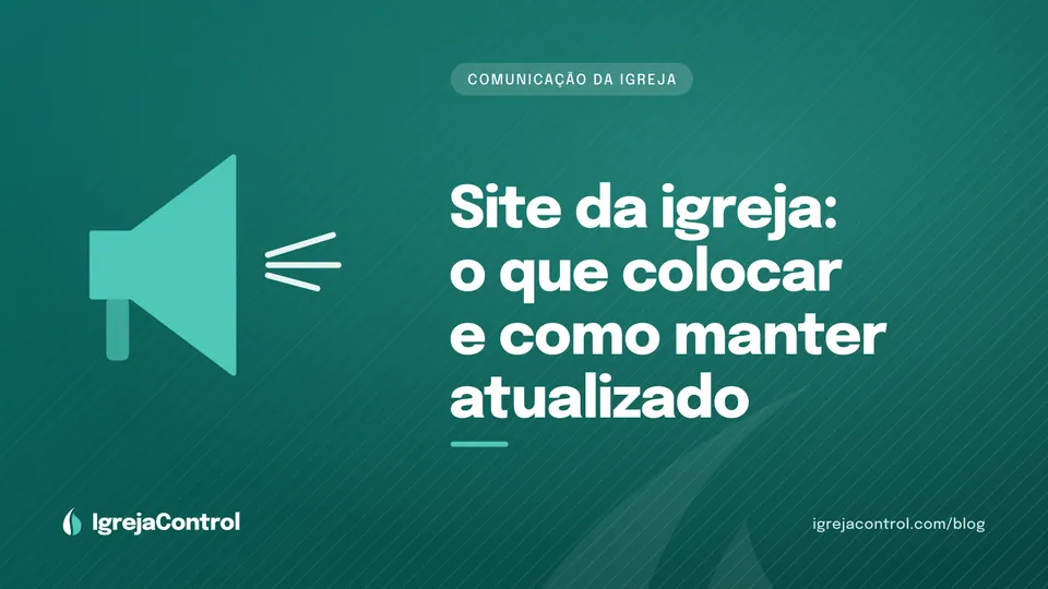 Capa do artigo sobre site para igreja, com título e ilustração de tela e comunicação em tons de verde-petróleo