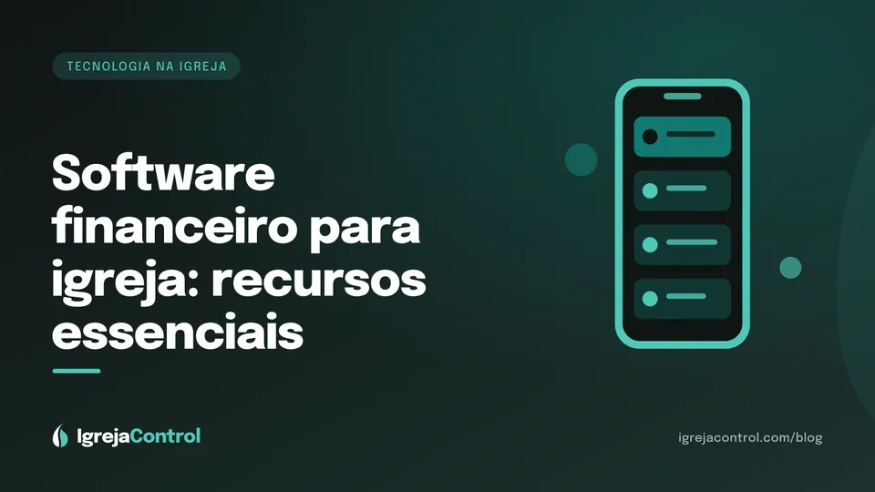Capa do artigo sobre software financeiro para igreja, com título e ilustração abstrata de tecnologia em verde-petróleo