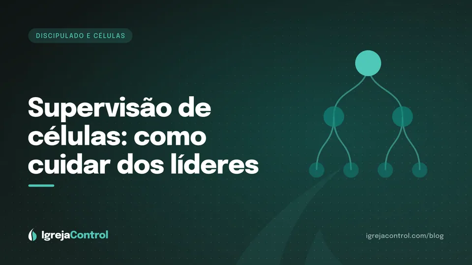 Capa do artigo sobre supervisão de células e cuidado com os líderes, com título e ilustração abstrata de pequenos grupos em verde-petróleo