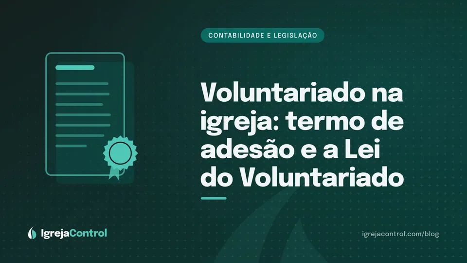 Capa do artigo sobre termo de voluntariado na igreja, com título e ilustração de documento e balança em verde-petróleo