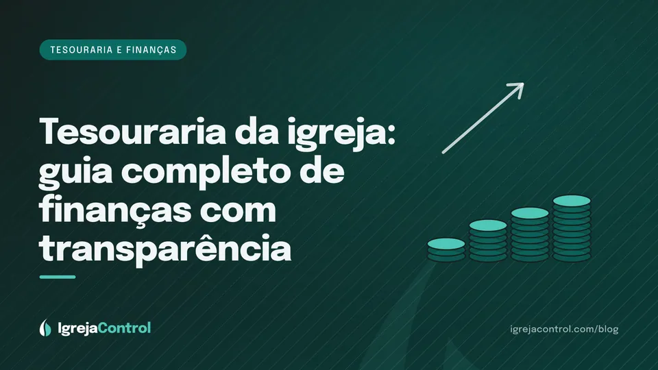 Capa do guia de tesouraria da igreja, com título em destaque e ilustração de gráficos financeiros em verde-petróleo